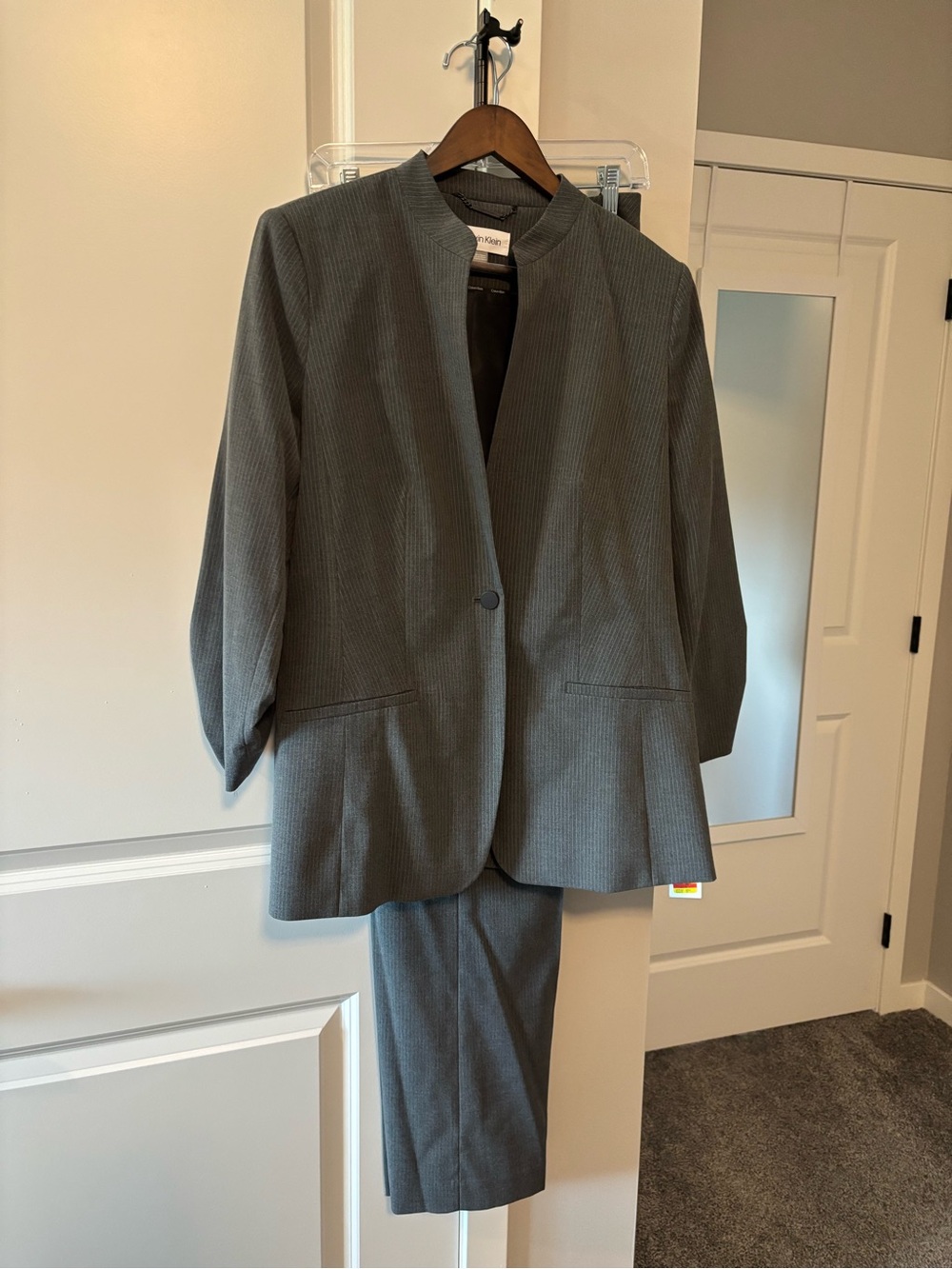 Women’s Calvin Klein Two-Piece Pinstripe Blazer and Trouser Suit - Modern Collar